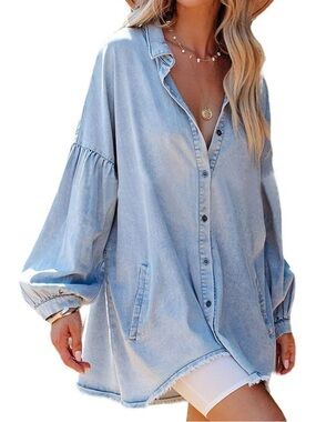 Light Wash Denim Button-Down Tunic Shirt